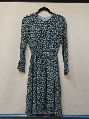 100% Silk Blue Floral Long-Sleeve Dress, Unbranded Italian, Eur Size 36